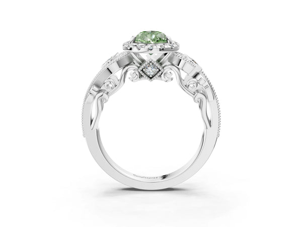 Platinum Fancy Green Pear Cut Diamond Halo Ring with Milgrain Pavé Band and Four-Prong Setting