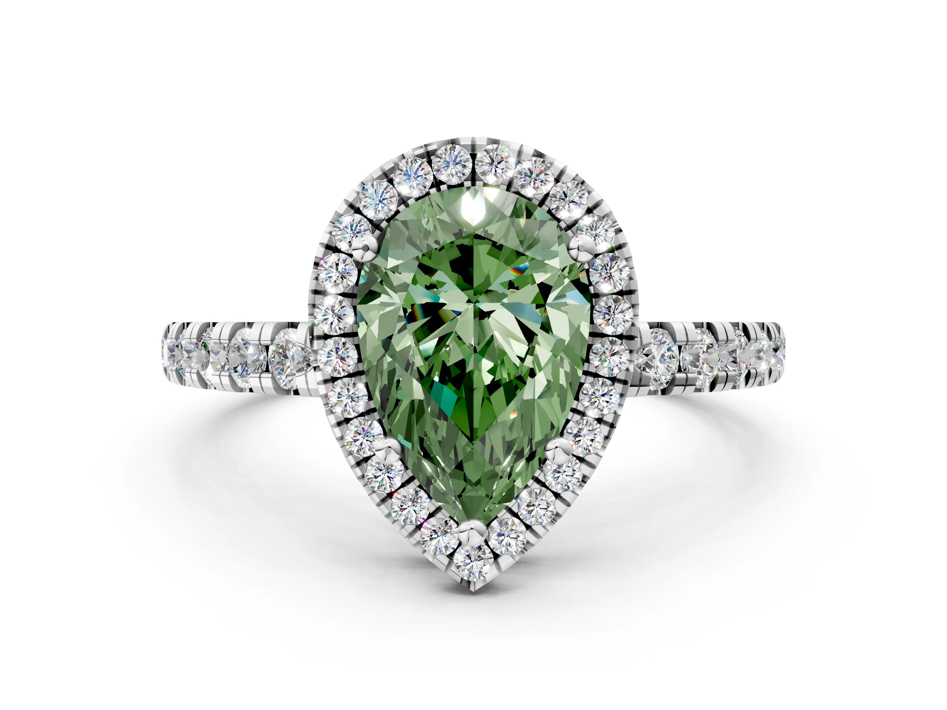 White gold Fancy Green Pear Cut Diamond Halo Ring with Pavé Band and Four-Prong Setting_12