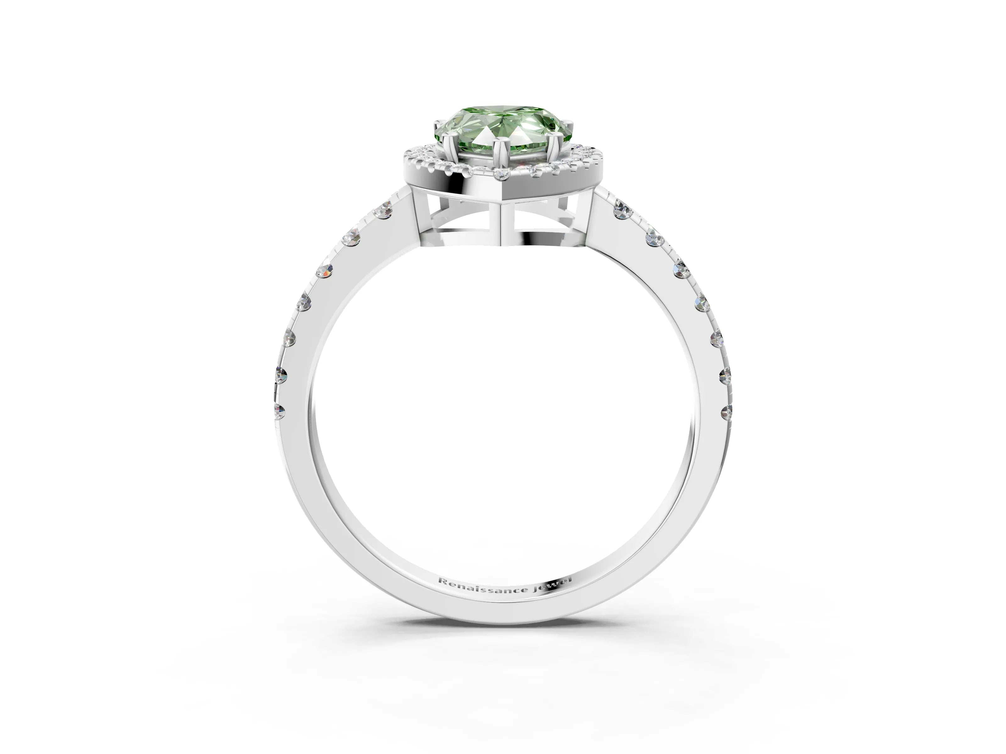 White gold Fancy Green Pear Cut Diamond Halo Ring with Pavé Band and Four-Prong Setting_15