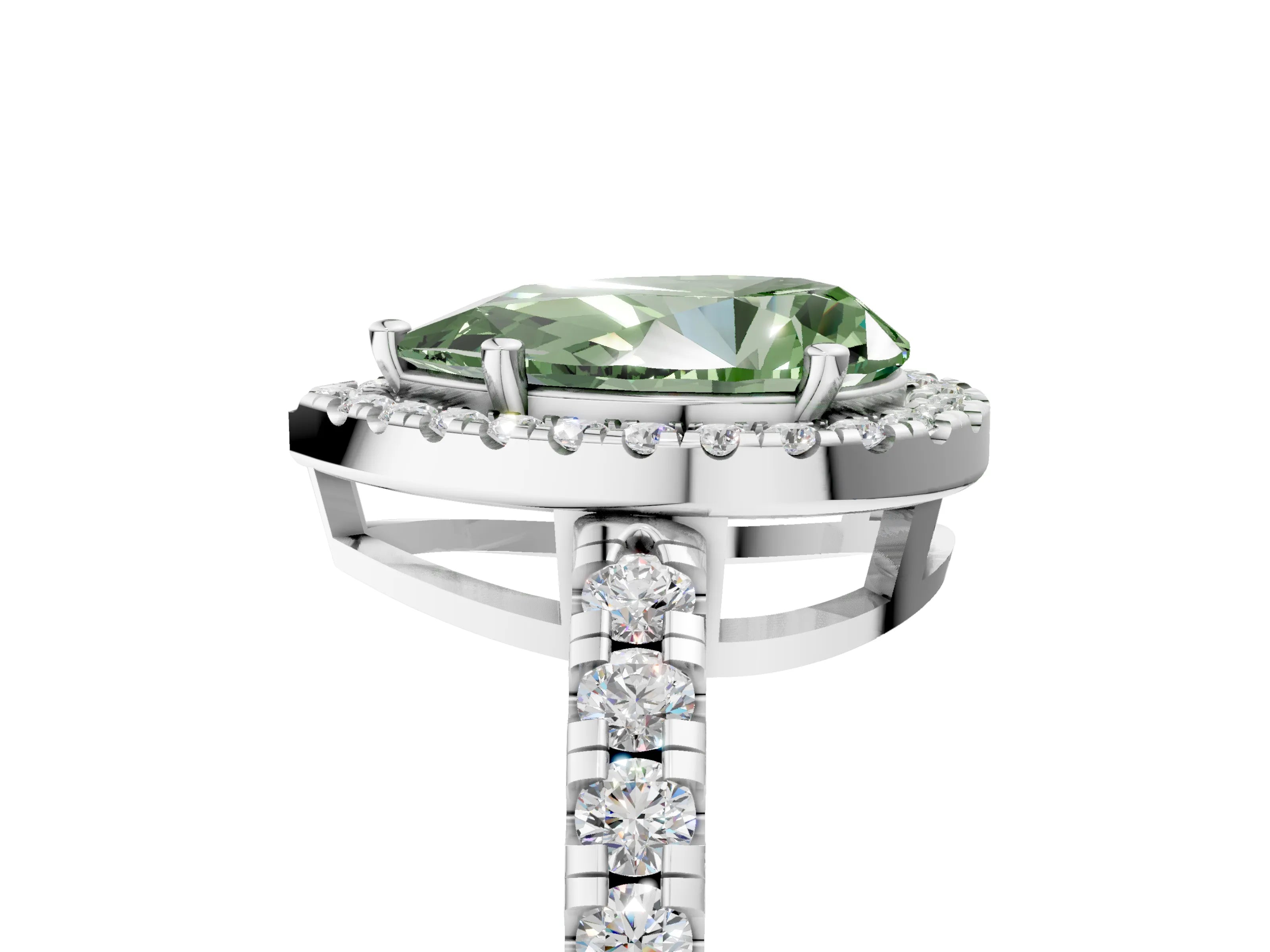 White gold Fancy Green Pear Cut Diamond Halo Ring with Pavé Band and Four-Prong Setting_17