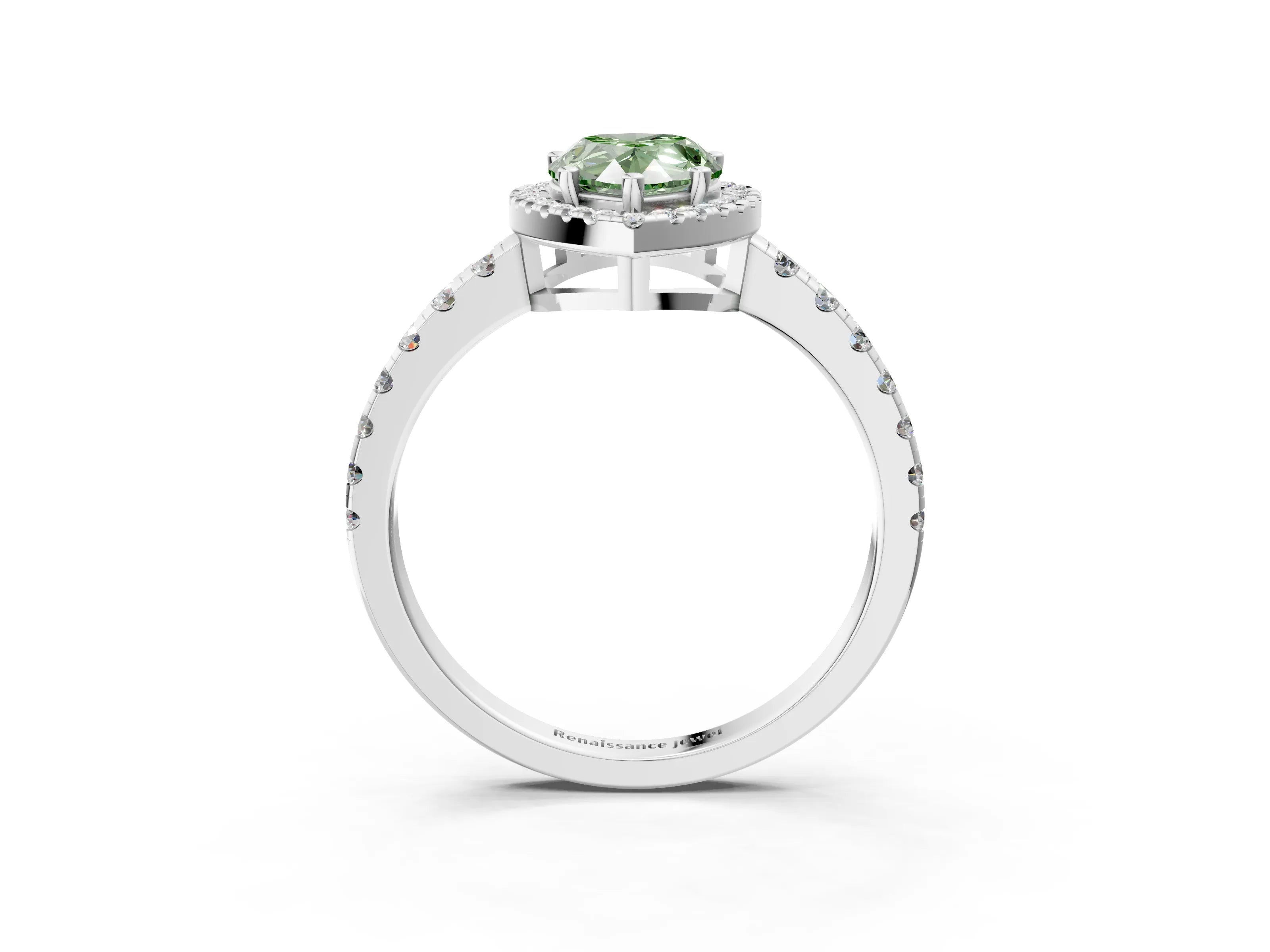 White gold Fancy Green Pear Cut Diamond Halo Ring with Pavé Band and Four-Prong Setting_3