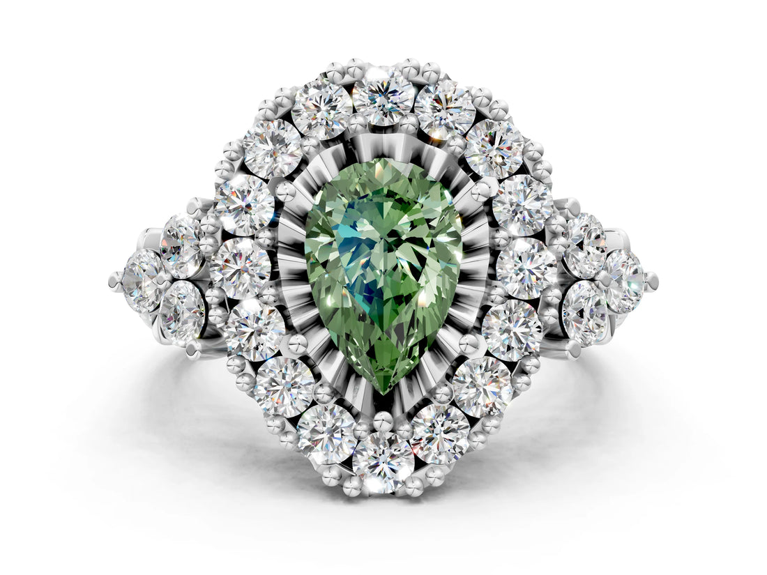 White gold Fancy Green Pear Cut Diamond Halo Ring with Pavé Band and Four-Prong Setting_78