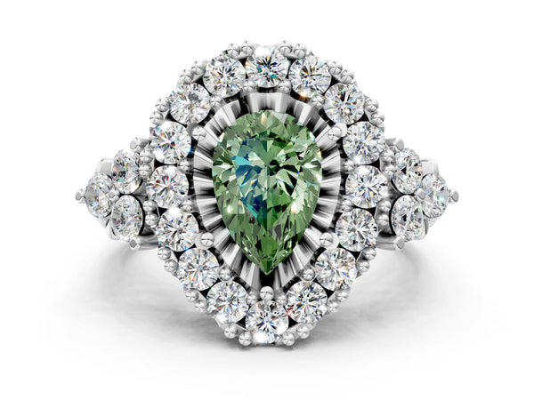 Platinum Fancy Green Pear Cut Diamond Halo Ring with Pavé Band and Four-Prong Setting