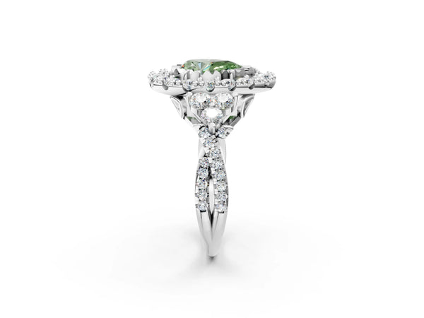 Platinum Fancy Green Pear Cut Diamond Halo Ring with Pavé Band and Four-Prong Setting