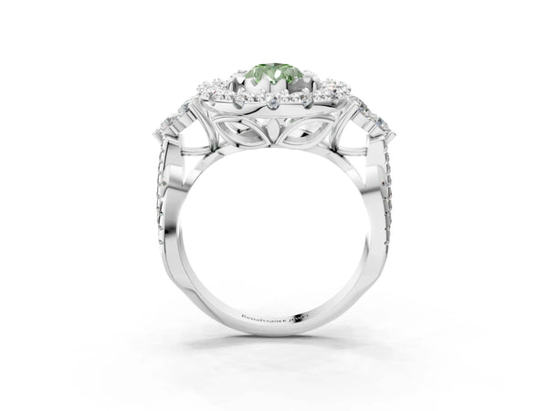Platinum Fancy Green Pear Cut Diamond Halo Ring with Pavé Band and Four-Prong Setting