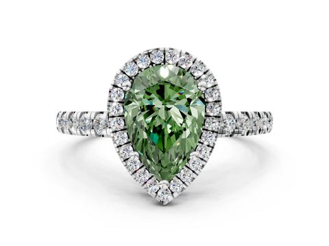White gold Fancy Green Pear Cut Diamond Halo Ring with Pavé Band and Four-Prong Setting