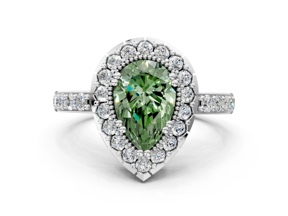 White gold Fancy Green Pear Cut Diamond Halo Ring with Pavé Band and Prong Setting_12