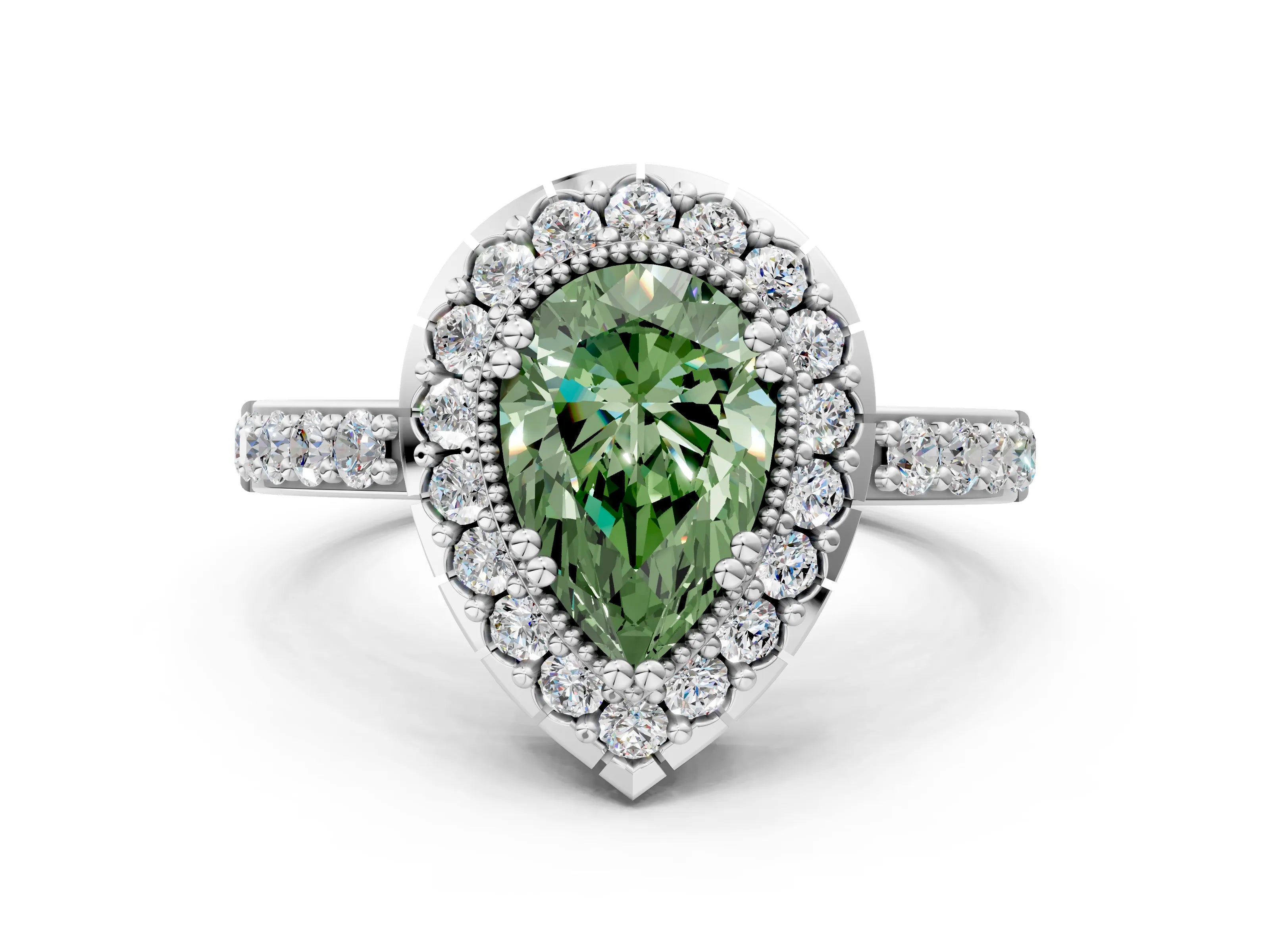 White gold Fancy Green Pear Cut Diamond Halo Ring with Pavé Band and Prong Setting_12