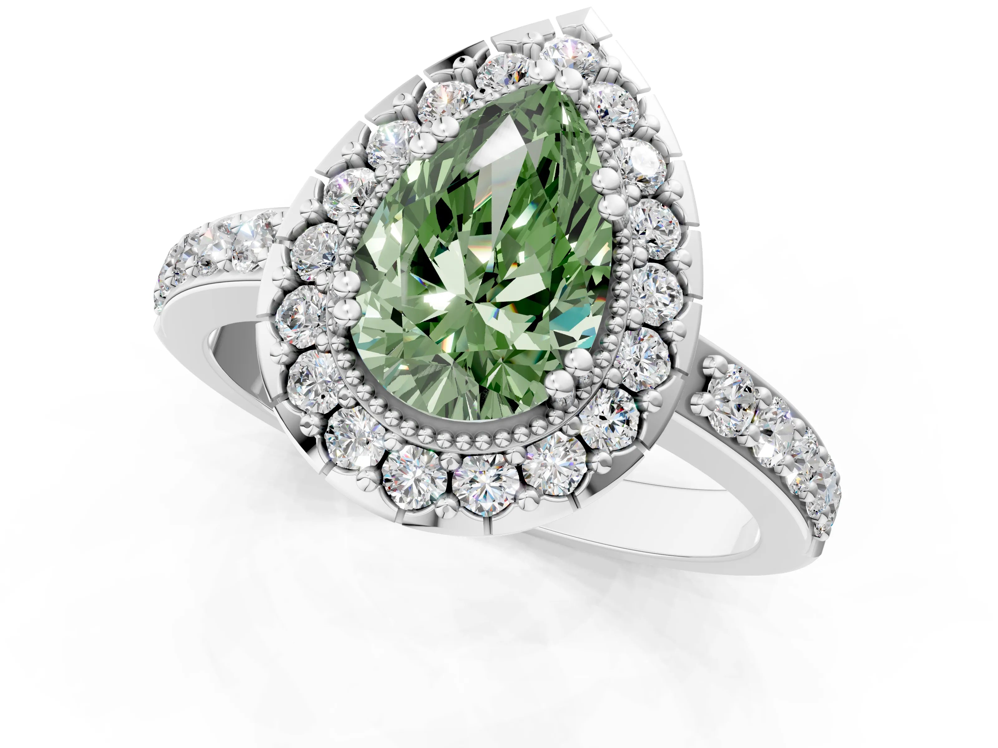 White gold Fancy Green Pear Cut Diamond Halo Ring with Pavé Band and Prong Setting_13