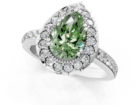 White gold Fancy Green Pear Cut Diamond Halo Ring with Pavé Band and Prong Setting_13