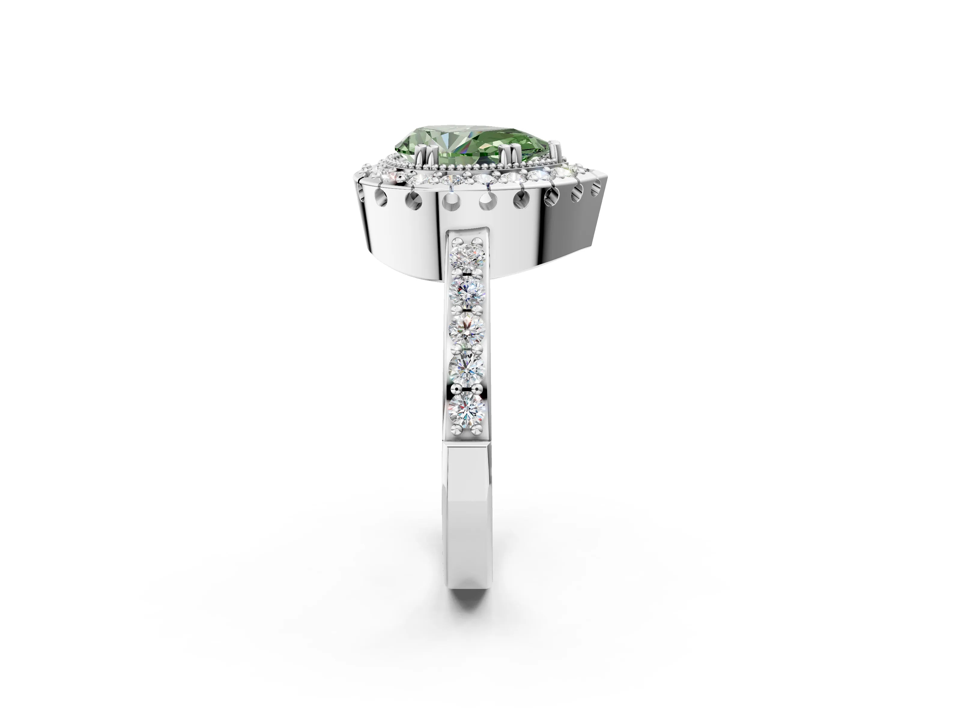 White gold Fancy Green Pear Cut Diamond Halo Ring with Pavé Band and Prong Setting_14