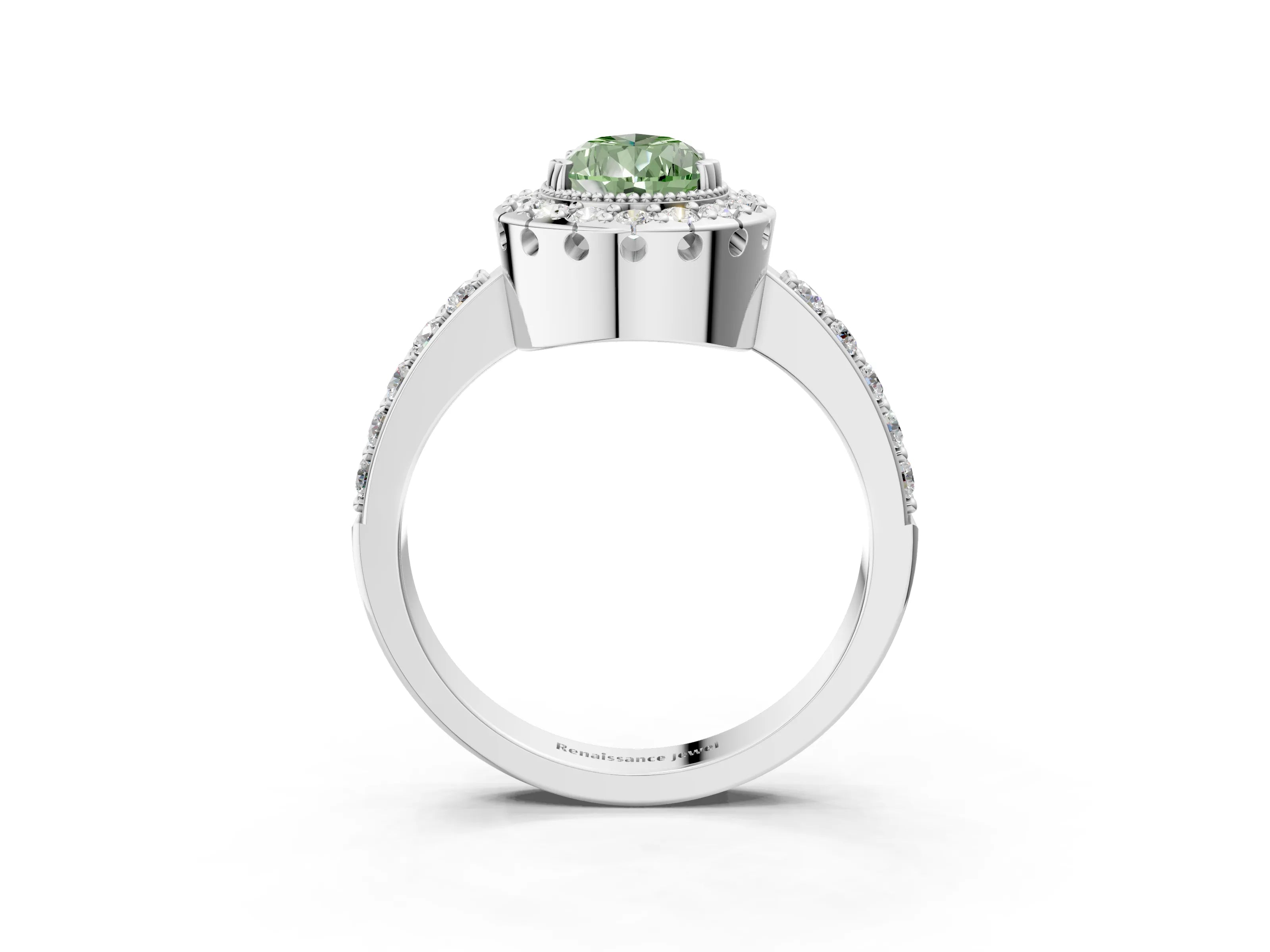 White gold Fancy Green Pear Cut Diamond Halo Ring with Pavé Band and Prong Setting_15