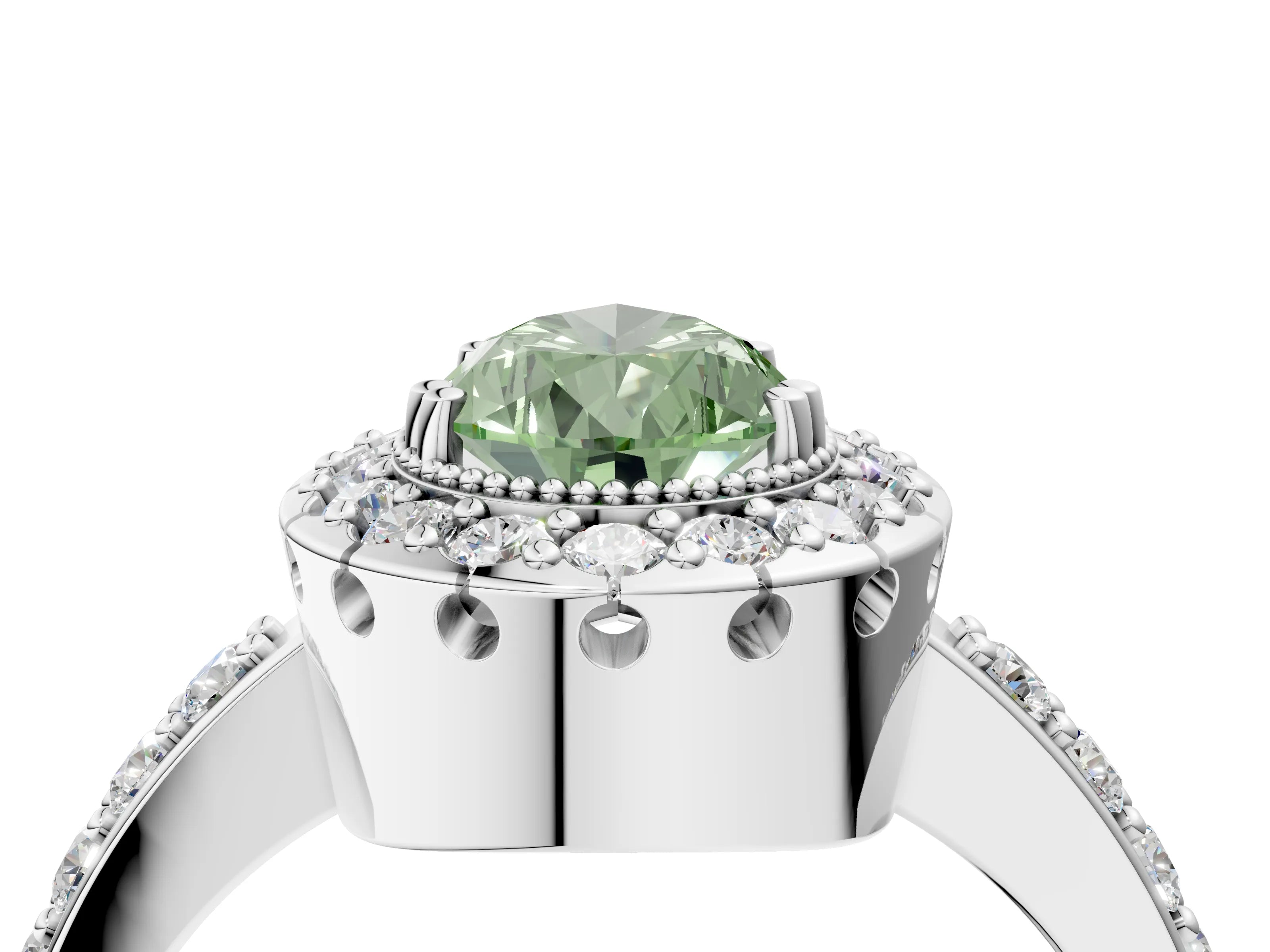 White gold Fancy Green Pear Cut Diamond Halo Ring with Pavé Band and Prong Setting_16
