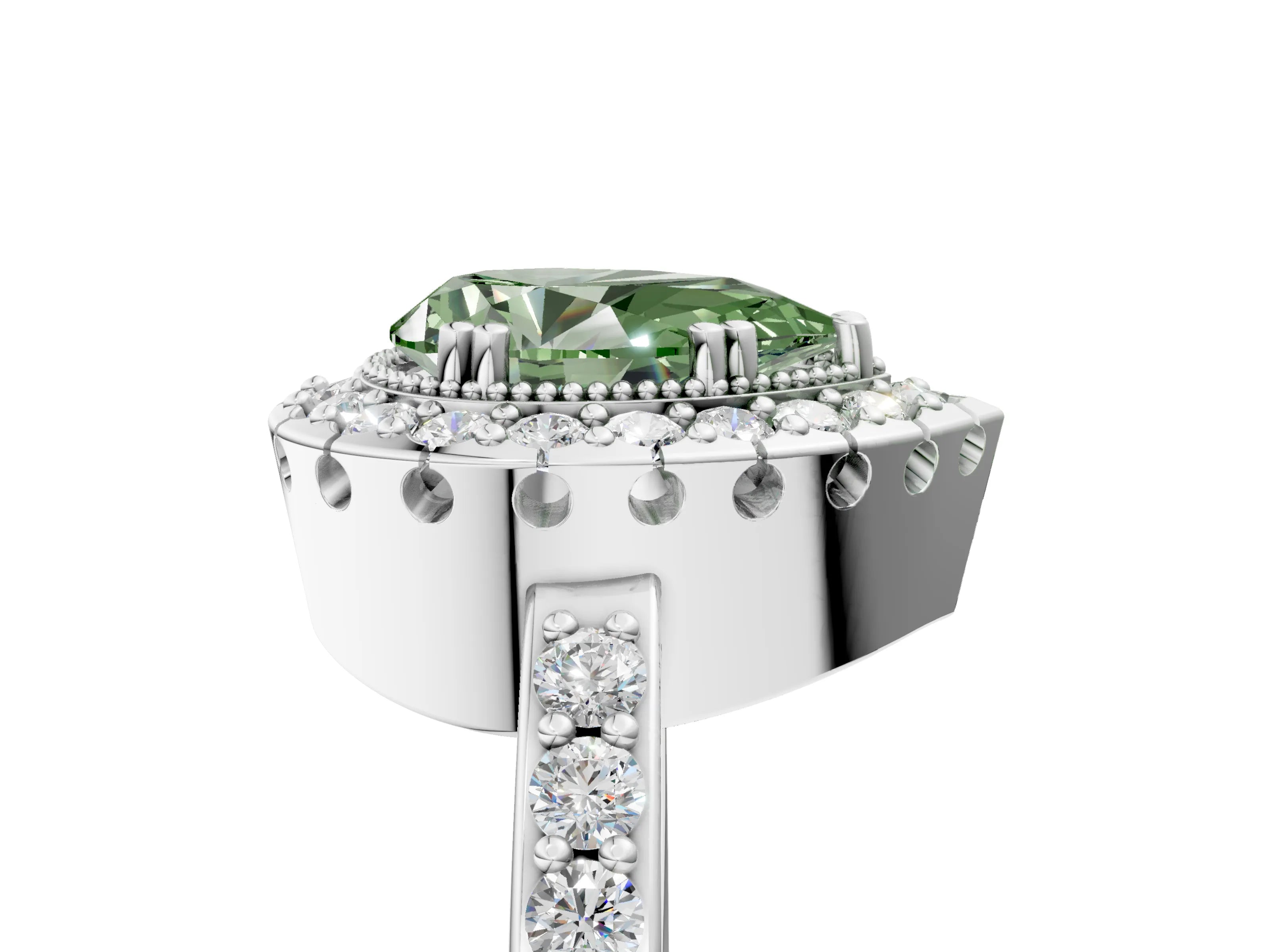 White gold Fancy Green Pear Cut Diamond Halo Ring with Pavé Band and Prong Setting_17