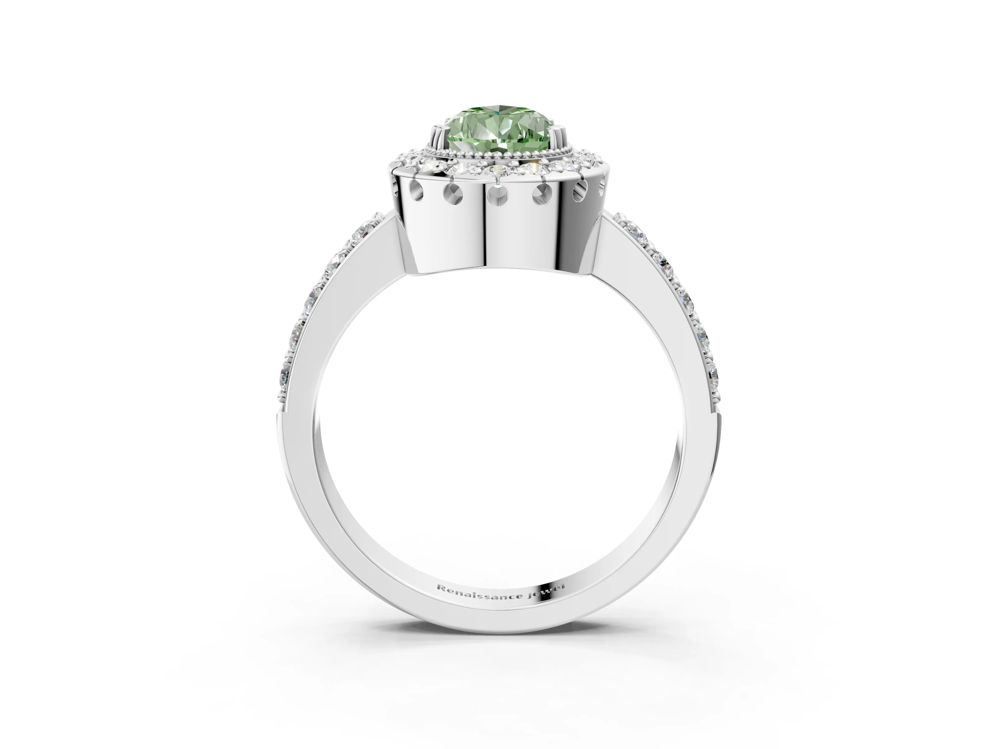 White gold Fancy Green Pear Cut Diamond Halo Ring with Pavé Band and Prong Setting_3