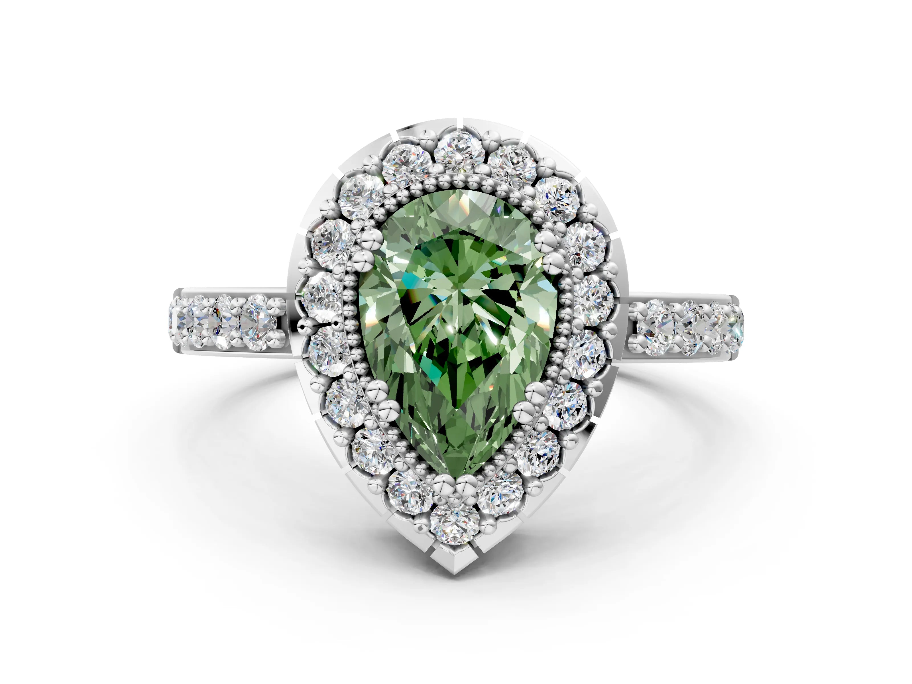 White gold Fancy Green Pear Cut Diamond Halo Ring with Pavé Band and Prong Setting