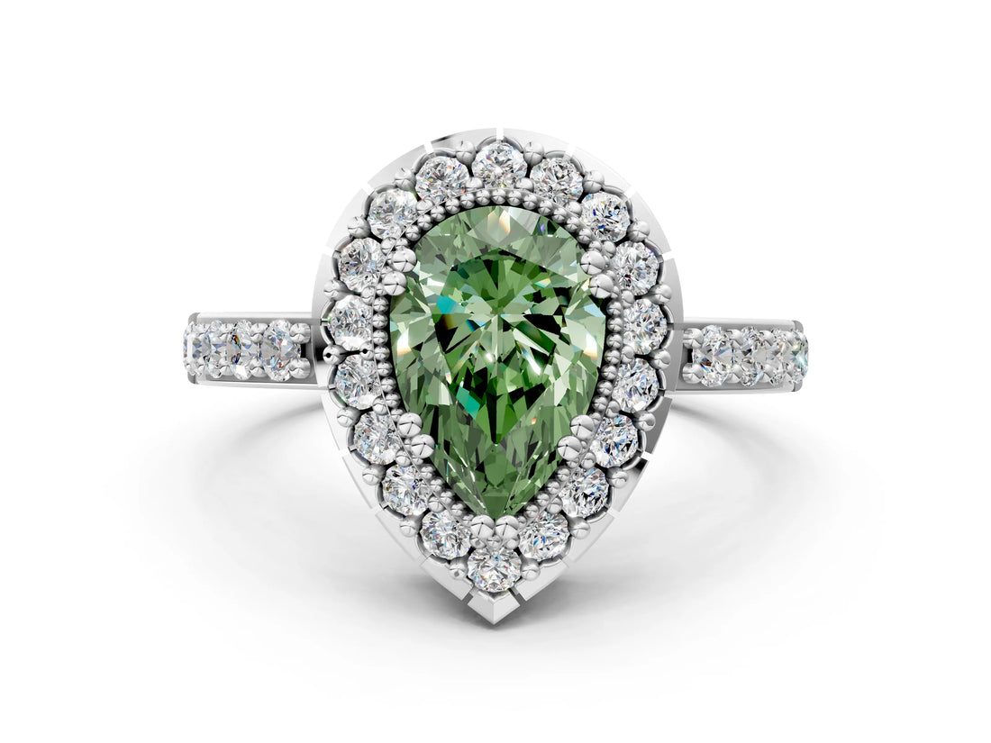 White gold Fancy Green Pear Cut Diamond Halo Ring with Pavé Band and Prong Setting