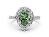 White gold Fancy Green Pear Cut Diamond Halo Ring with Pavé Band and Prong Setting