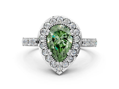 White gold Fancy Green Pear Cut Diamond Halo Ring with Pavé Band and Prong Setting