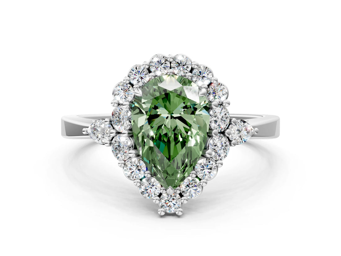 White gold Fancy Green Pear Cut Diamond Halo Ring with Pear Side Stones and Prong Setting_91