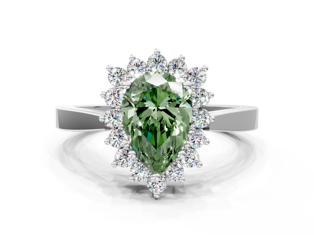 White gold Fancy Green Pear  Cut Diamond Halo Ring with Round Brilliant Halo and Solitaire Band_85