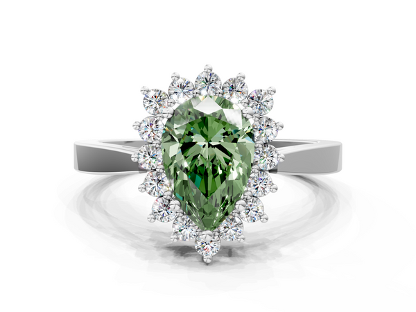 White gold Fancy Green Pear  Cut Diamond Halo Ring with Round Brilliant Halo and Solitaire Band