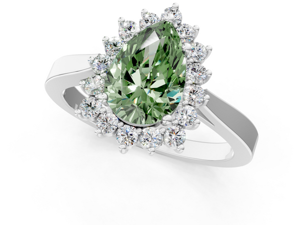 White gold Fancy Green Pear  Cut Diamond Halo Ring with Round Brilliant Halo and Solitaire Band