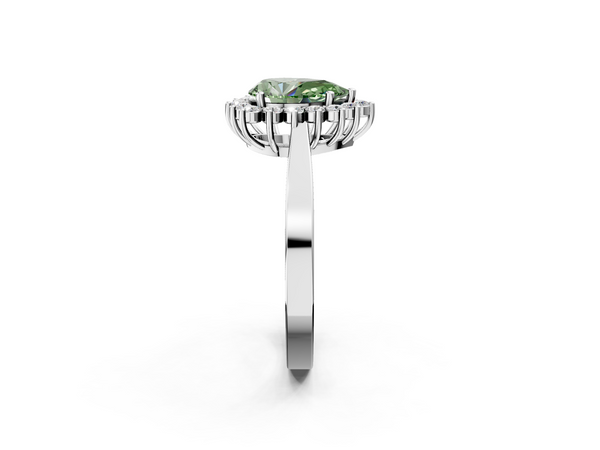 White gold Fancy Green Pear  Cut Diamond Halo Ring with Round Brilliant Halo and Solitaire Band
