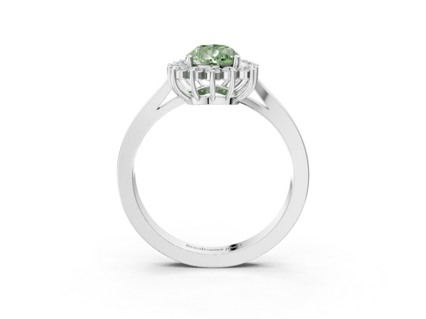 White gold Fancy Green Pear  Cut Diamond Halo Ring with Round Brilliant Halo and Solitaire Band