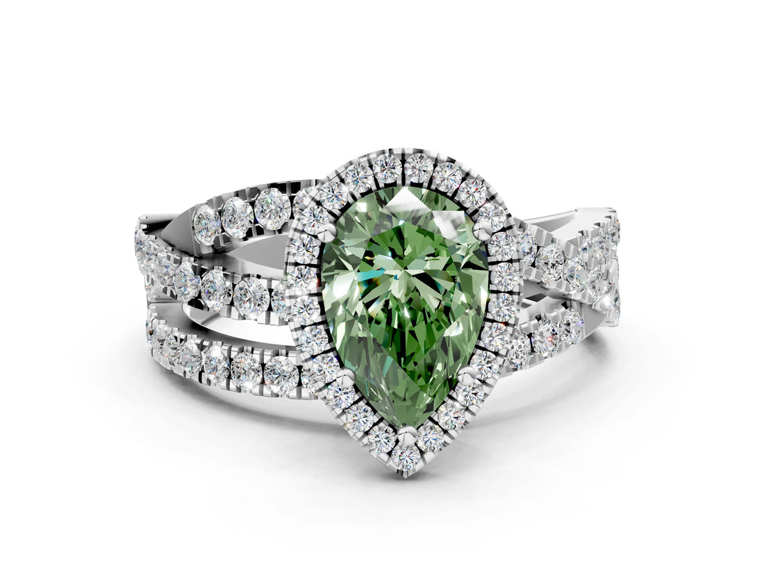 White gold Fancy Green Pear Cut Diamond Halo Ring with Round Split Shank and Prong Setting_63