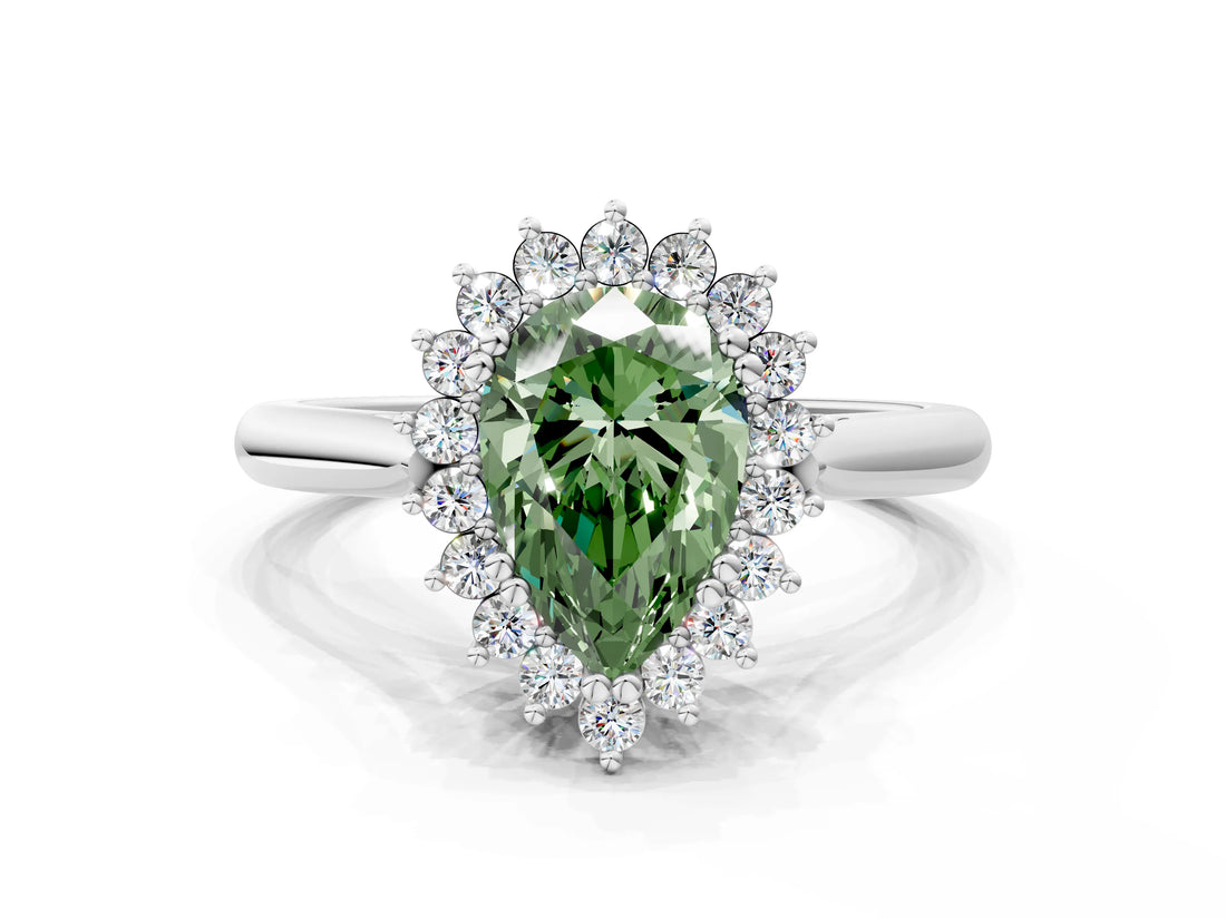 White gold Fancy Green Pear  Cut Diamond Halo Ring with Solitaire Band and Prong Setting_53