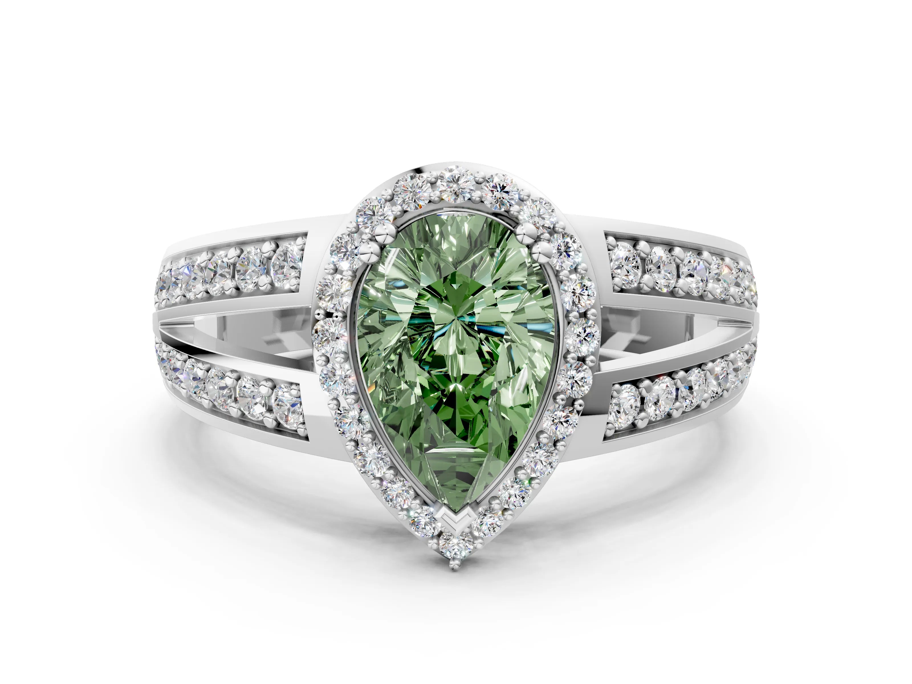 White gold Fancy Green Pear Cut Diamond Halo Ring with Split Shank Pavé Band and Four-Prong Setting_12