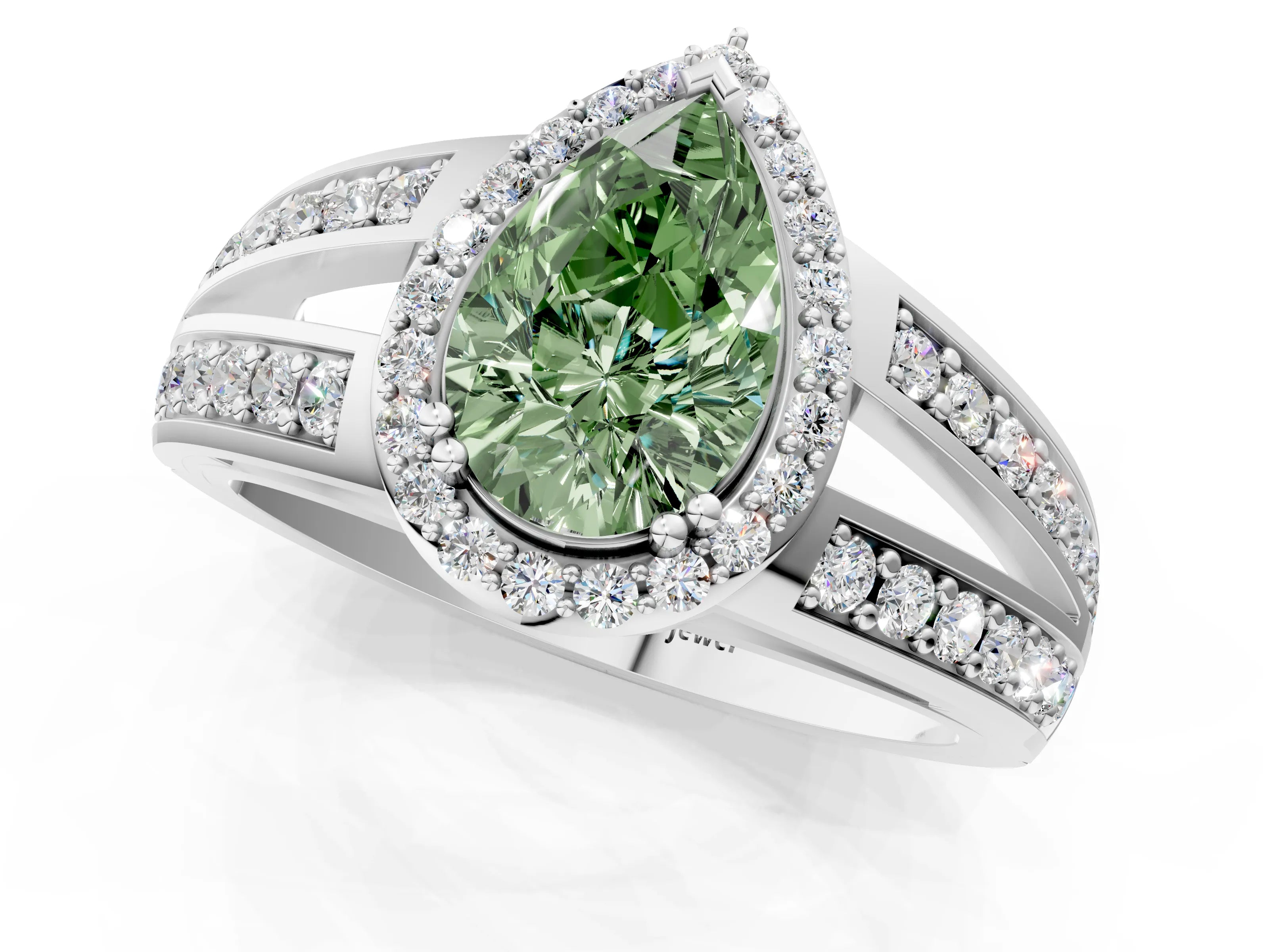 White gold Fancy Green Pear Cut Diamond Halo Ring with Split Shank Pavé Band and Four-Prong Setting_13