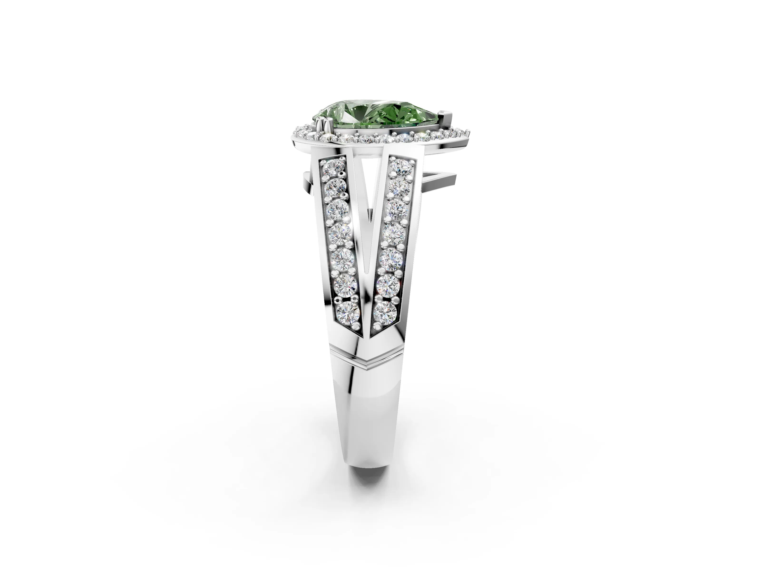 White gold Fancy Green Pear Cut Diamond Halo Ring with Split Shank Pavé Band and Four-Prong Setting_14