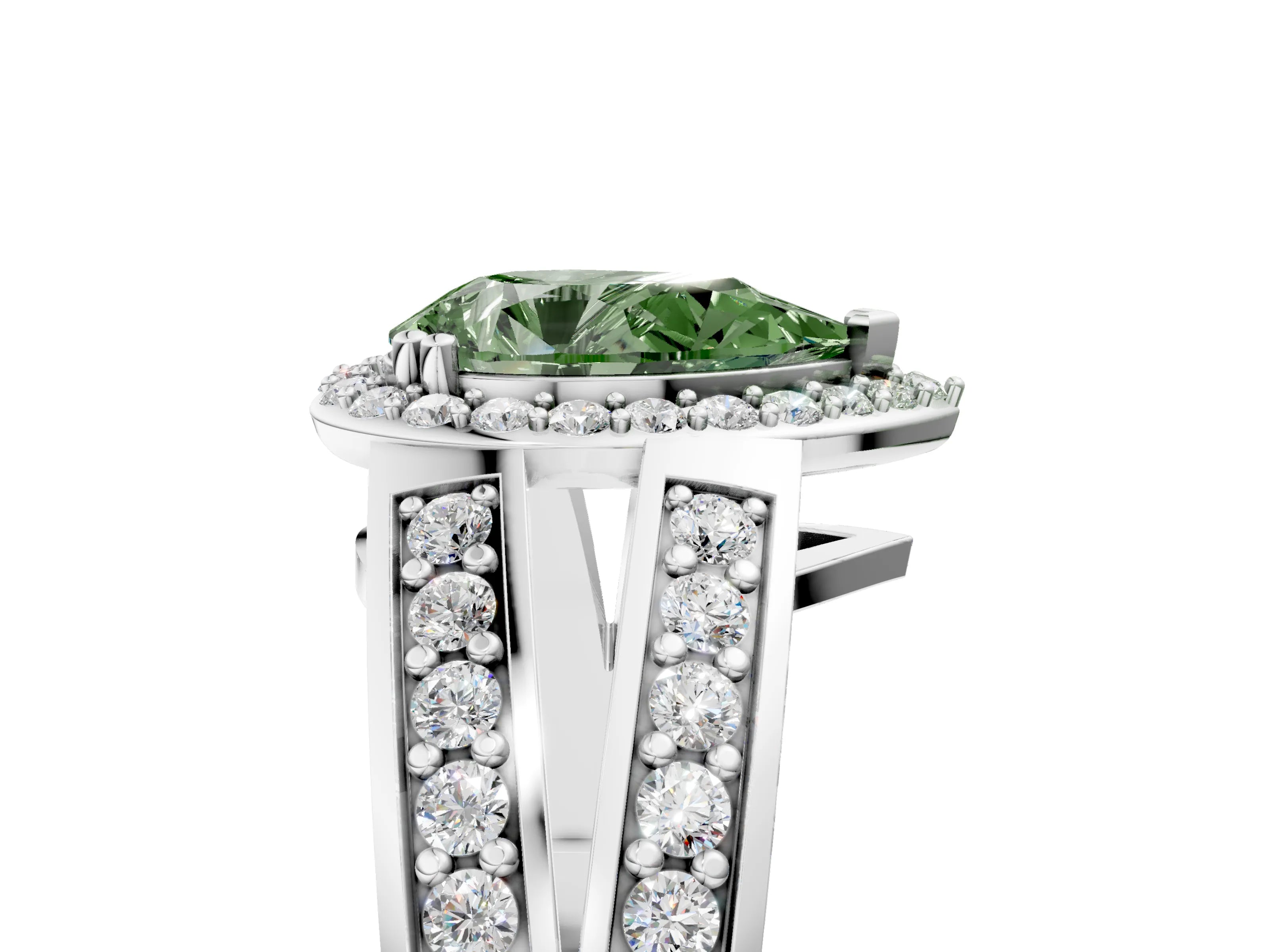White gold Fancy Green Pear Cut Diamond Halo Ring with Split Shank Pavé Band and Four-Prong Setting_17