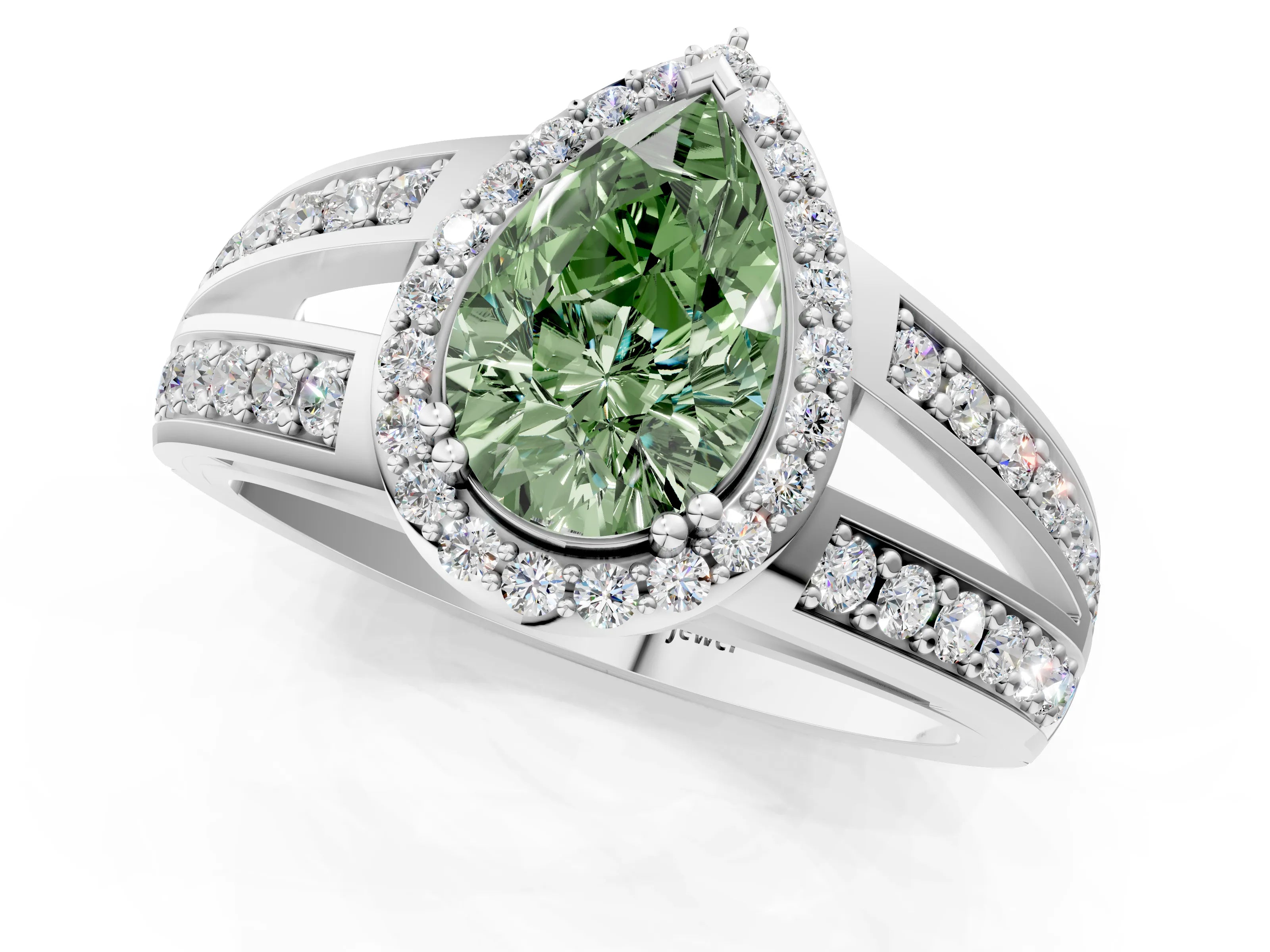 White gold Fancy Green Pear Cut Diamond Halo Ring with Split Shank Pavé Band and Four-Prong Setting_19