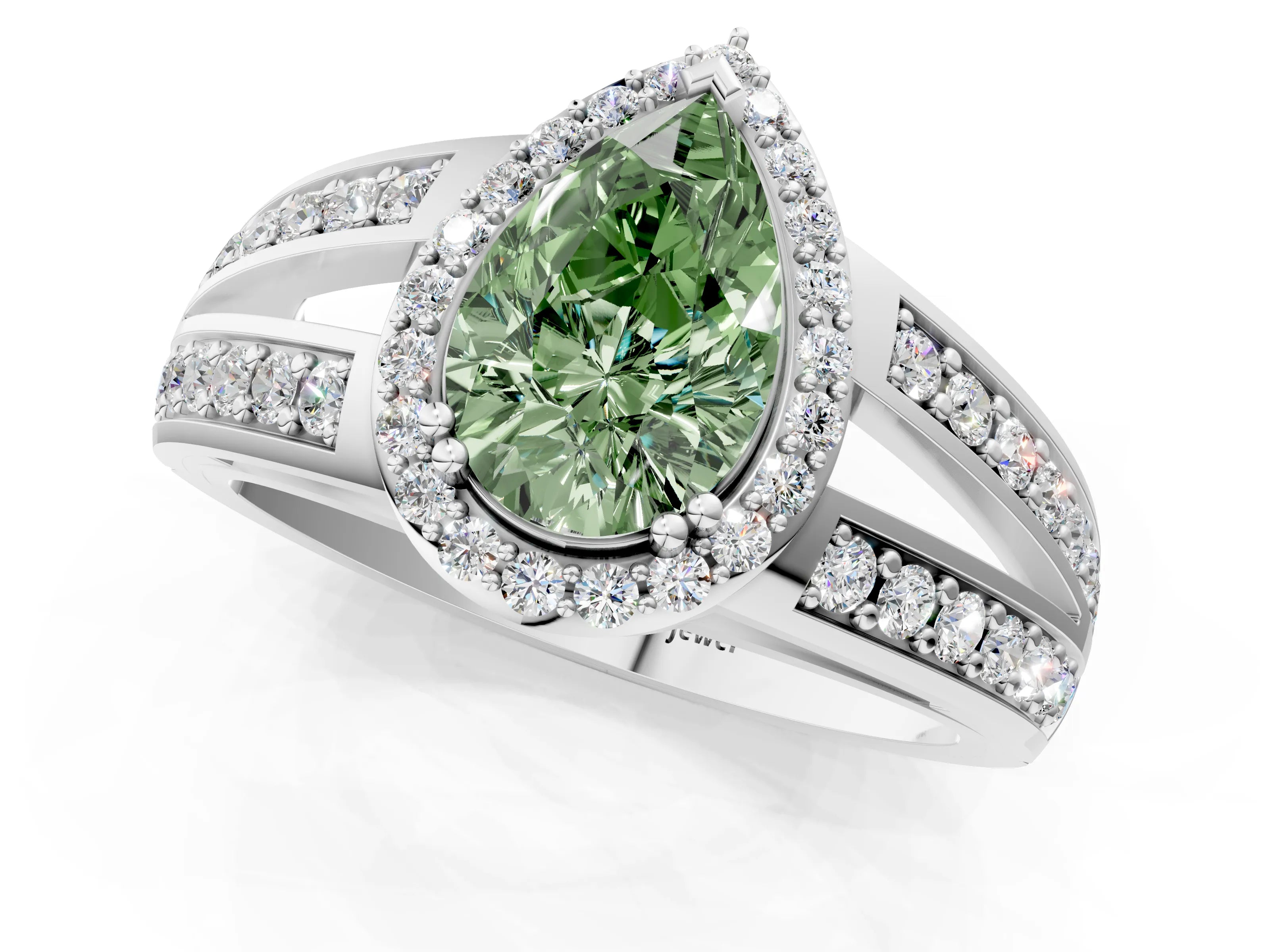 White gold Fancy Green Pear Cut Diamond Halo Ring with Split Shank Pavé Band and Four-Prong Setting_1