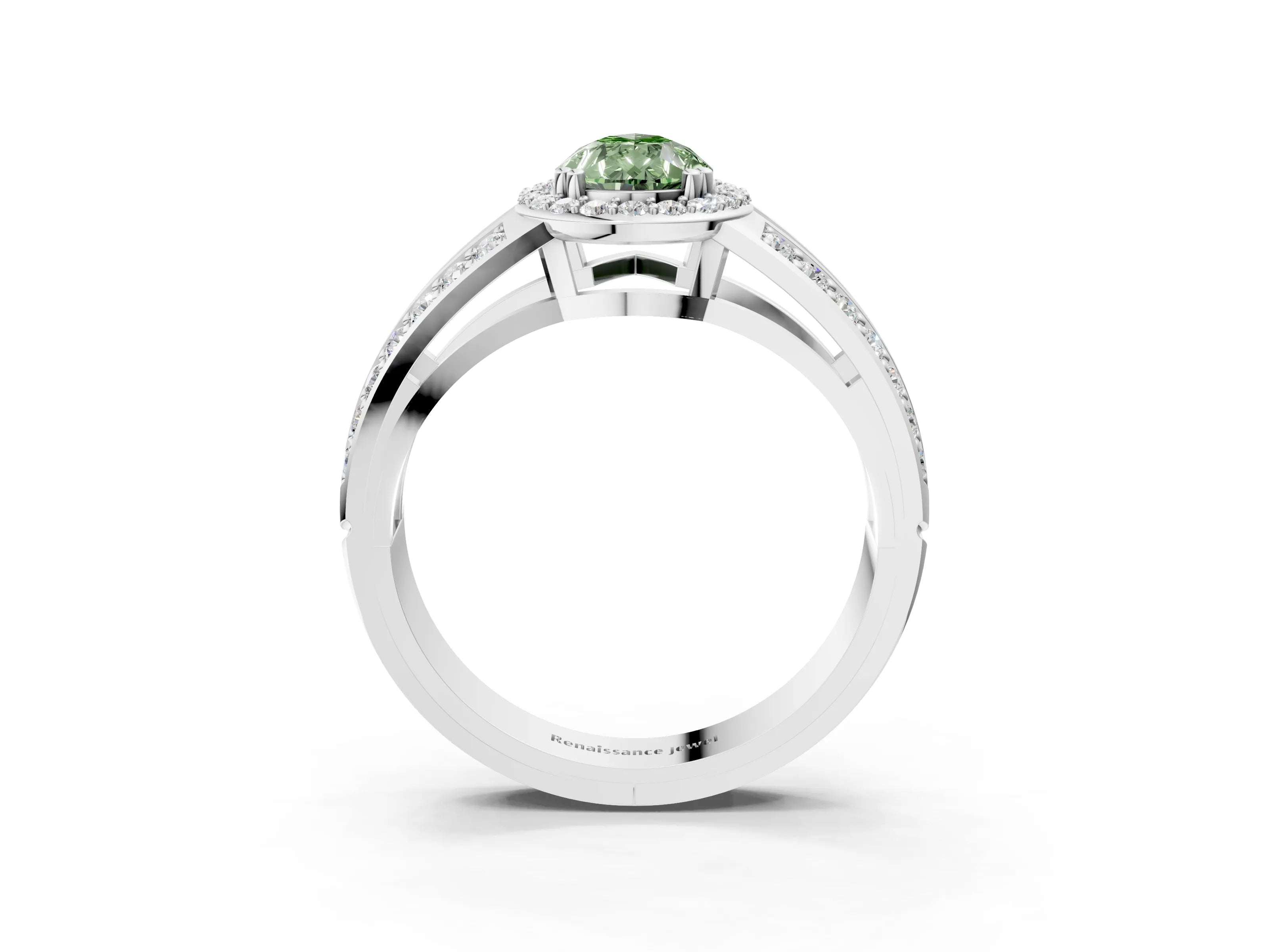 White gold Fancy Green Pear Cut Diamond Halo Ring with Split Shank Pavé Band and Four-Prong Setting_21