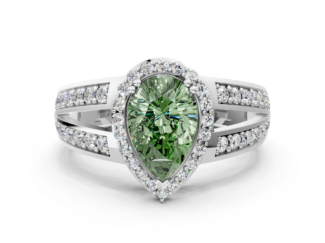 White gold Fancy Green Pear Cut Diamond Halo Ring with Split Shank Pavé Band and Four-Prong Setting_33