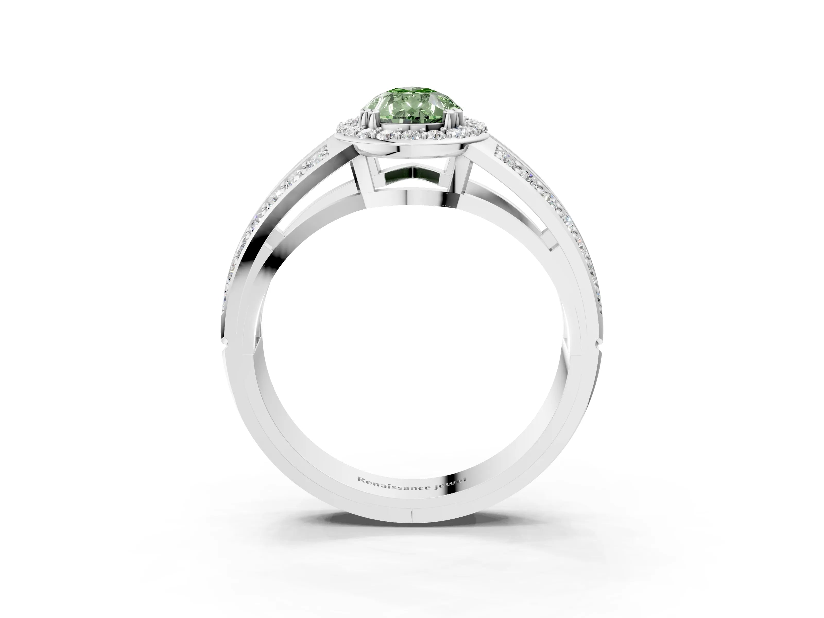 White gold Fancy Green Pear Cut Diamond Halo Ring with Split Shank Pavé Band and Four-Prong Setting_36