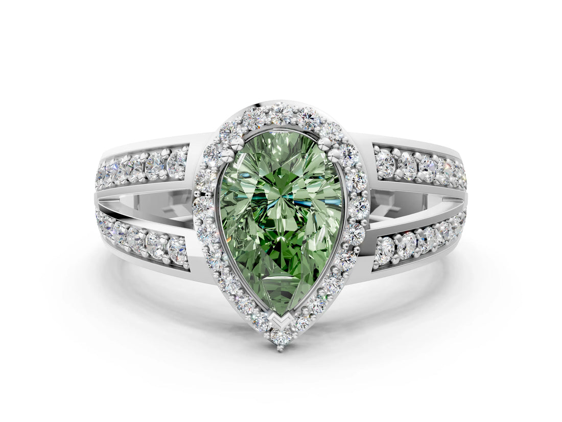 White gold Fancy Green Pear Cut Diamond Halo Ring with Split Shank Pavé Band and Four-Prong Setting_36