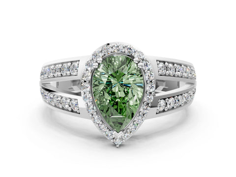 White gold Fancy Green Pear Cut Diamond Halo Ring with Split Shank Pavé Band and Four-Prong Setting_36