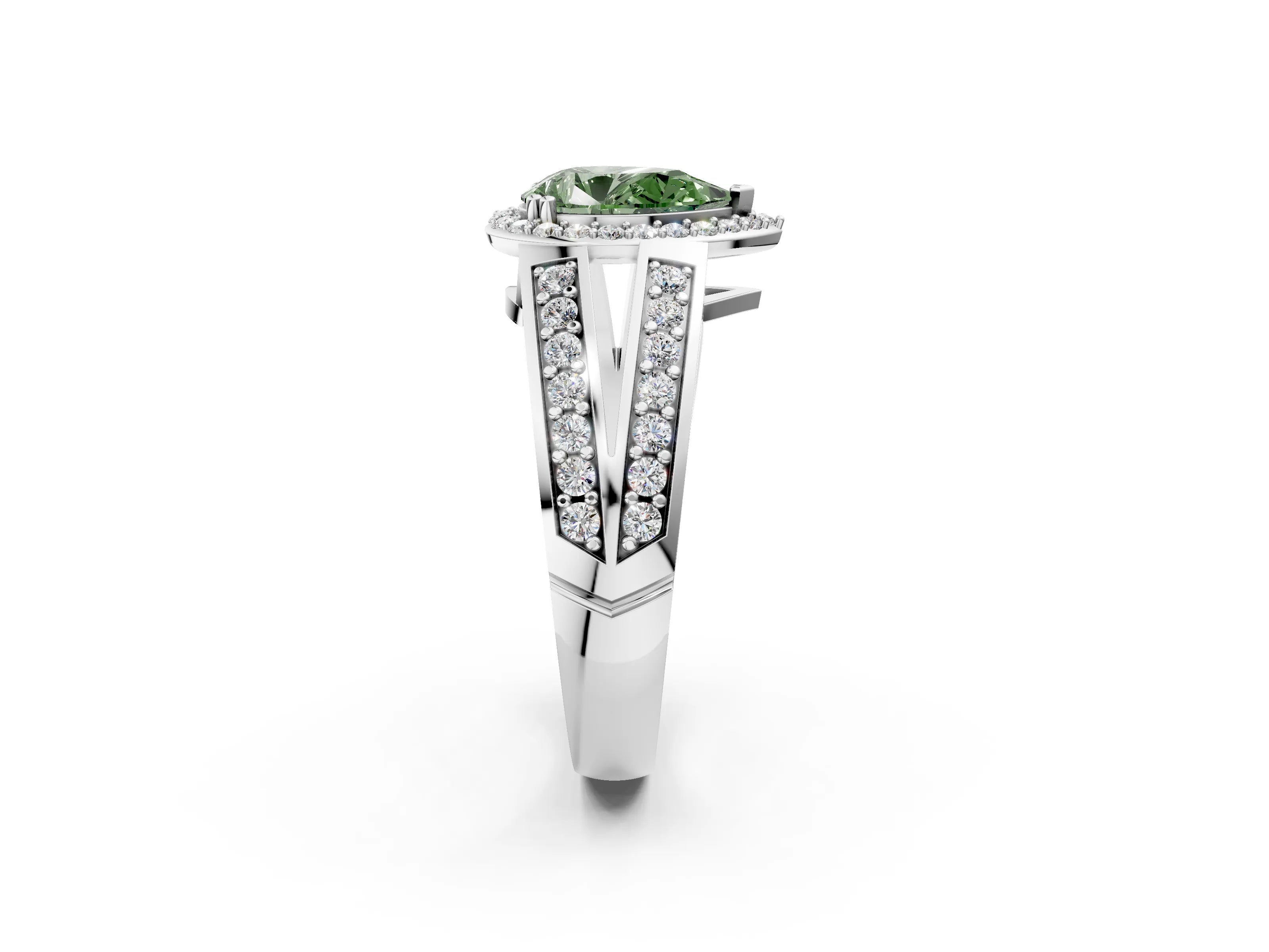 White gold Fancy Green Pear Cut Diamond Halo Ring with Split Shank Pavé Band and Four-Prong Setting_38