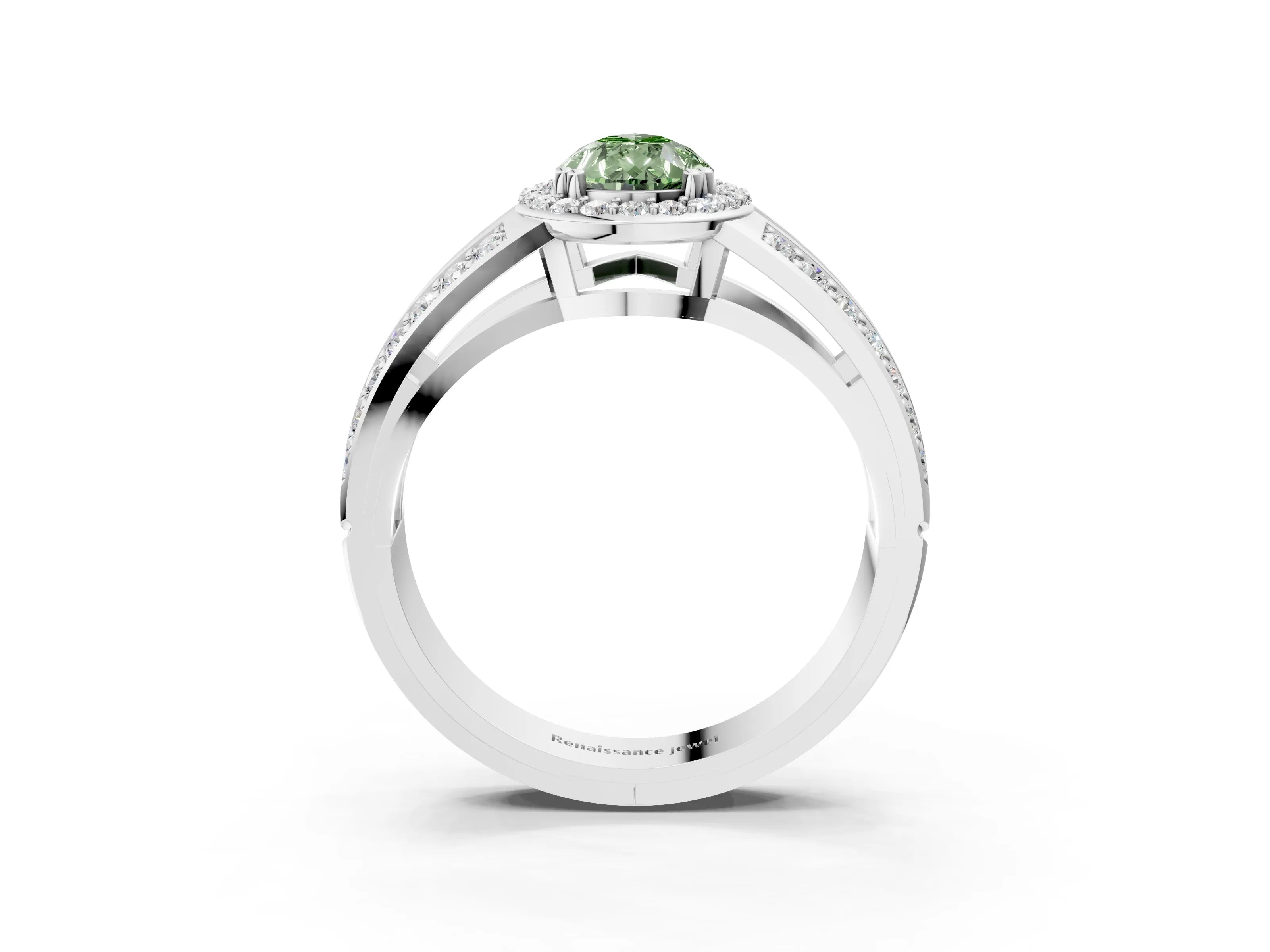 White gold Fancy Green Pear Cut Diamond Halo Ring with Split Shank Pavé Band and Four-Prong Setting_3