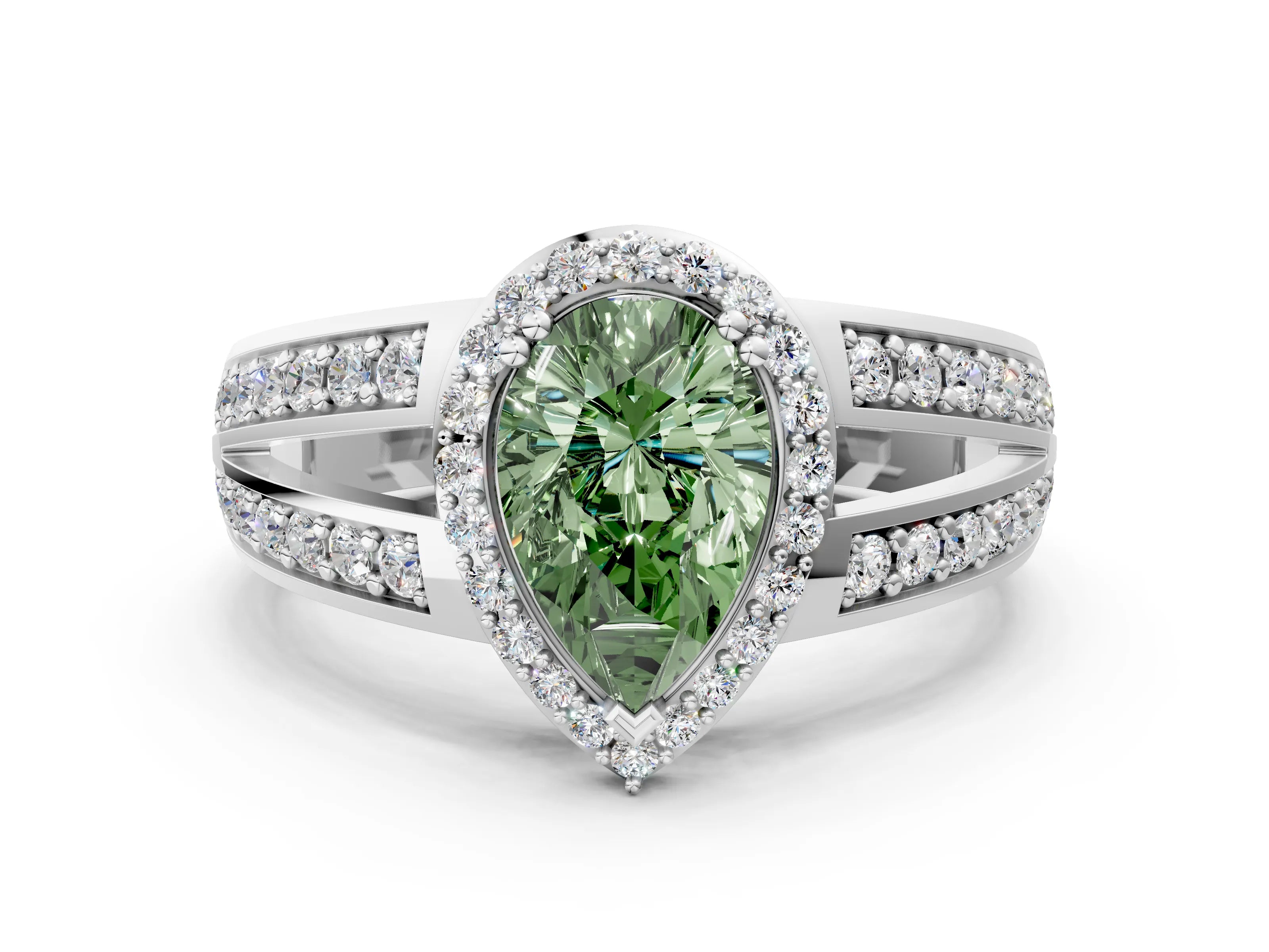 White gold Fancy Green Pear Cut Diamond Halo Ring with Split Shank Pavé Band and Four-Prong Setting_48