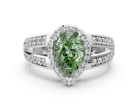 White gold Fancy Green Pear Cut Diamond Halo Ring with Split Shank Pavé Band and Four-Prong Setting_60