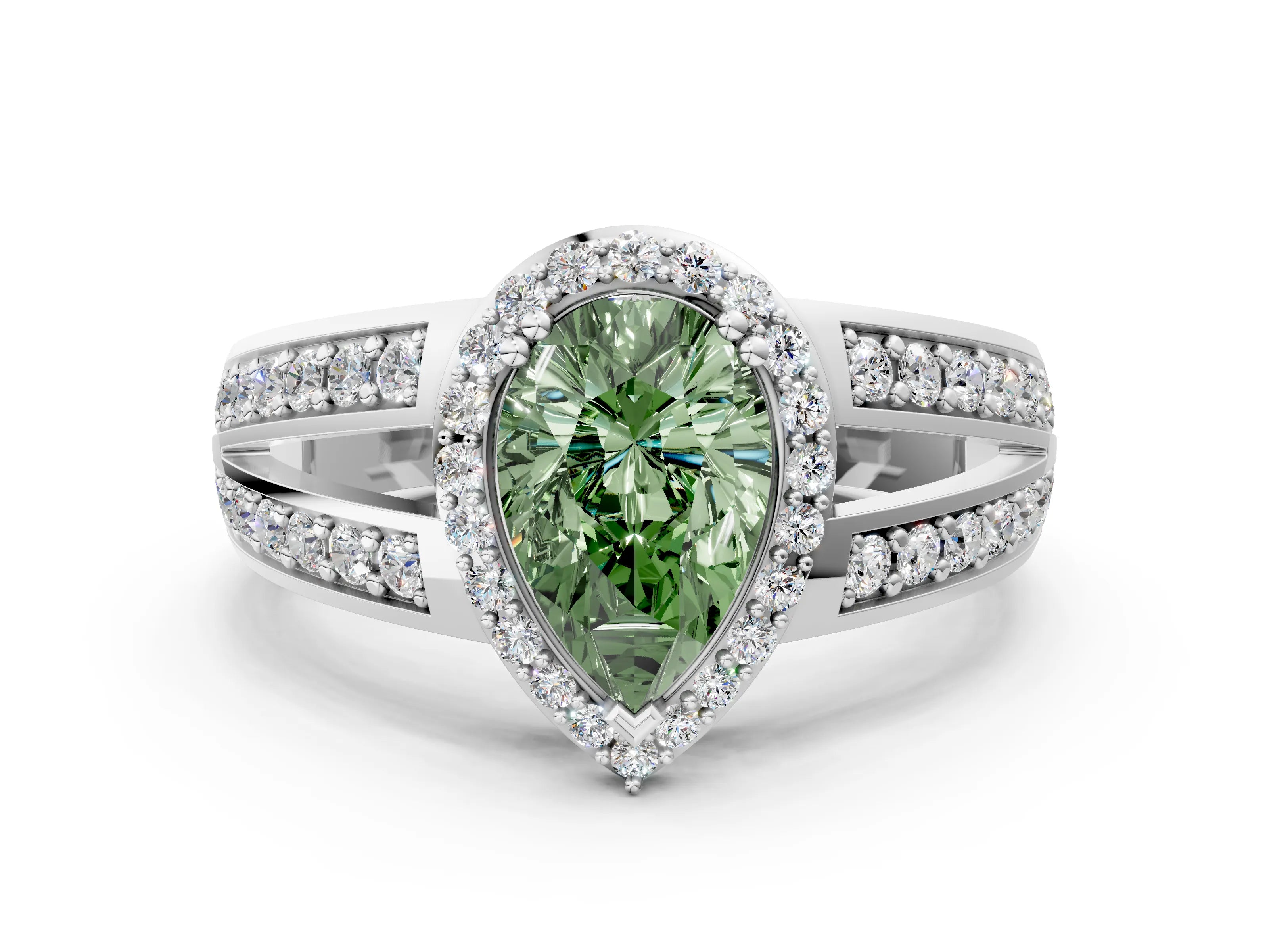 White gold Fancy Green Pear Cut Diamond Halo Ring with Split Shank Pavé Band and Four-Prong Setting