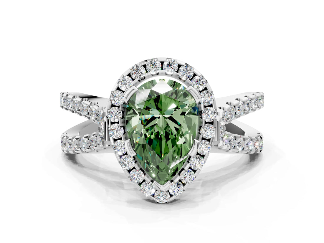 White gold Fancy Green Pear Cut Diamond Halo Ring with Split Shank Pavé Band and Prong Setting_78