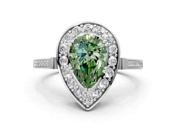 White gold Fancy Green Pear Cut Diamond Halo Ring with Split Shank and Four-Prong Setting
