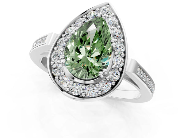 White gold Fancy Green Pear Cut Diamond Halo Ring with Split Shank and Four-Prong Setting